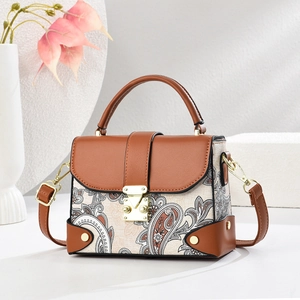 Vintage Women Paisley Print Synthetic Leather Handbag With Metal Lock Top Handle Crossbody Shoulder Bag For Daily Fashion