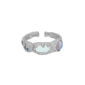 S925 Silberring mit Textur und Einlagen aus Zirkonia sowie Mondstein im Design
