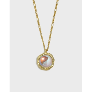 925 Sterling Silver Moonstone Pendant Necklace For Women Hammered Round Iridescent Stone Figaro Chain Jewelry Gift