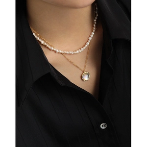 Elegant gold S925 silver double layer necklace with moonstone pendant and pearls