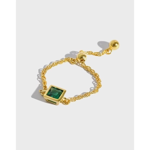 Anillo de Cadena Ajustable de Plata de Ley 925 Bañado en Oro 18K Circonita Cuadrada Piedra Blanca Amarilla Verde Roja Joyería