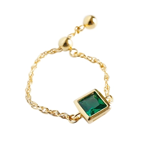 Anillo de cadena ajustable de plata S925 dorada con circón verde de forma cuadrada
