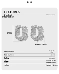 Detailed specs of S925 sterling silver hoop earrings with irregular lava texture and zircons