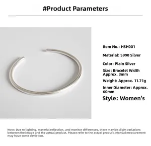 Detaillierte Produktparameter des S990 Sterling Silber Armreifs mit 3mm Breite