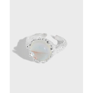 Minimalist S925 Sterling Silver Open Ring For Women Synthetic Moonstone Inlaid Lava Texture Adjustable Finger Jewelry Gift