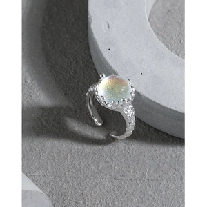 Minimalist S925 sterling silver open ring with moonstone and lava texture detail