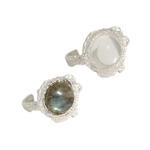 S925 sterling silver adjustable rings featuring white crystal and irregular lava texture