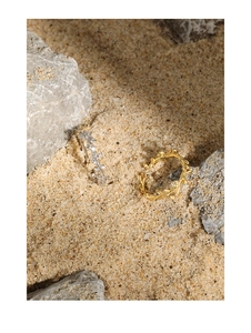Detailopname van gouden en zilveren S925 olijf-tak open ringen op natuurlijke rots
