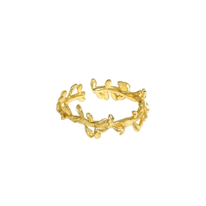 Gouden olijftak open verstelbare ring van S925 zilver met gedetailleerde bladtextuur