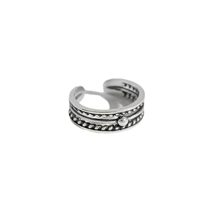 Retro S925 sterling silver open ring with twisted rope texture and beaded details