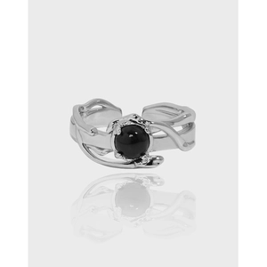 925 Sterlingsilber Offener Ring Für Damen Unregelmäßiges Flüssigmetall-Design Synthetischer Mondstein Schwarzer Achat Verstellbarer Ring