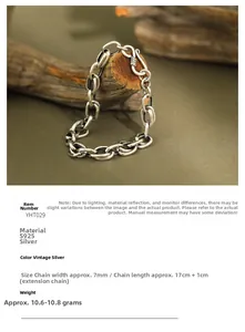 Detailed specs of S925 vintage silver chain bracelet with 7mm width and 17cm length