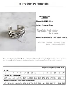 Size chart for S925 sterling silver multi-layer braided ring with diameter measurements