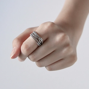 Retro S925 sterling silver multilayer twisted ring with vintage braided texture for women