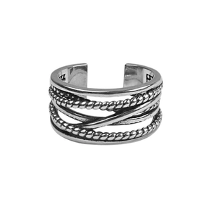 Retro multi-layer S925 sterling silver open ring with vintage braided texture and twist design