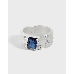 925 Sterling Silver Open Ring For Women Irregular Lava Texture Rectangle Zircon Inlaid Niche Design Minimalist Jewelry