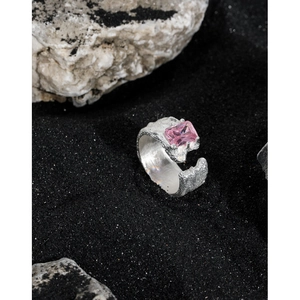 Irregular lava texture S925 sterling silver open ring with a rectangular pink zircon stone