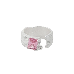 Irregular texture S925 sterling silver open ring featuring a pink rectangular zircon stone