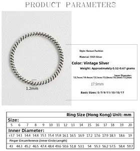 Size chart for S925 sterling silver twist ring showing diameter and circumference