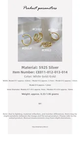 Tabella dettagliata delle taglie per earcuff in argento S925 dorato con misure e peso