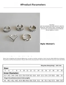 Detailed size chart for vintage silver rings with inner diameter and circumference