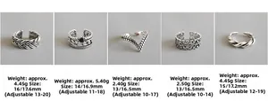 Detail view of five vintage 925 silver adjustable rings with weight and size specifications