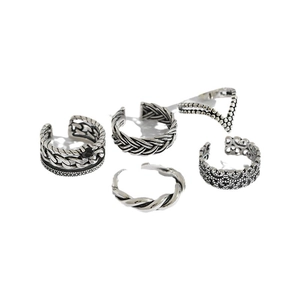 Vintage silver stackable ring set with braided textures and hollow bohemian designs