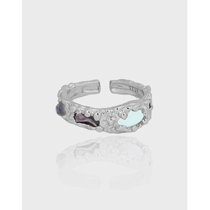 Anello Aperto in Argento Sterling S925 Per Donna Texture Lava Minimalista Zirconia Pietra di Luna Sintetica Anello Regolabile Gioielli