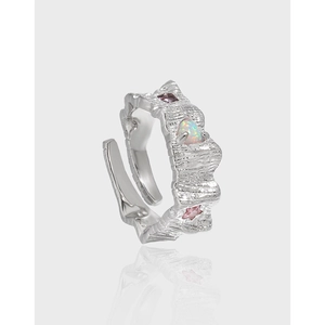 S925 Sterling Silver Irregular Lava Texture Ring With Heart Opal Purple Pink Zirconia Open Adjustable Ring For Women Jewelry