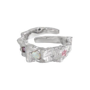 S925 sterling silver open ring with textured lava finish and colorful gemstone inlays