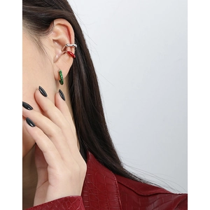 Minimalist S925 sterling silver ear cuff set featuring red lacquer and green textures