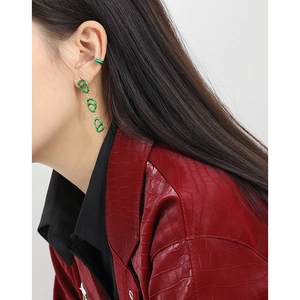 Elegant green enamel S925 silver twist drop earrings and ear cuff jewelry set for women