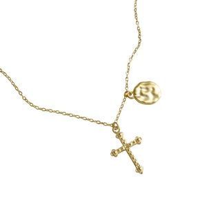 Minimalist S925 silver gold cross and hammered round pendant necklace with O-chain