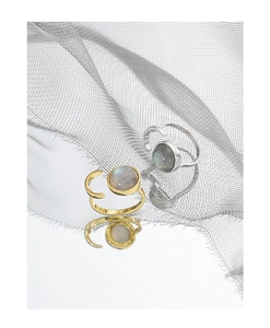 Close-up of minimalist S925 silver open rings with round labradorite in gold and silver