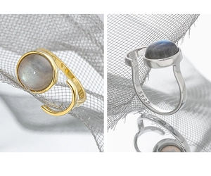 Detail of adjustable S925 silver rings with round labradorite in gold and silver finish
