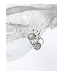 Close-up of S925 sterling silver earrings with round labradorite stones on metal mesh