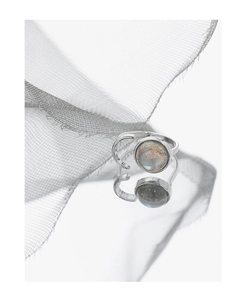 Detail of S925 sterling silver ring with round labradorite and crescent moon accent