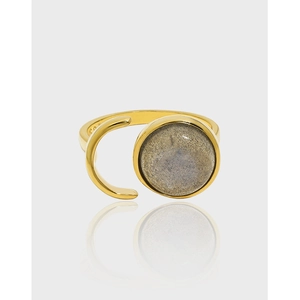 Minimalist S925 Sterling Silver Open Ring For Women Geometric Round Natural Labradorite Adjustable Finger Jewelry Gift