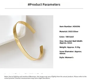 Detail view of gold-plated S925 sterling silver bangle with full product specifications