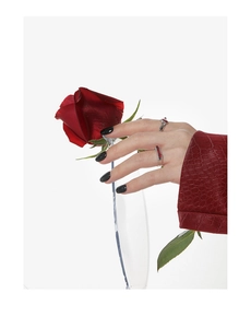 Primer plano de anillos de plata S925 con piedras rojas en la mano de una modelo elegante