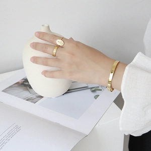 Minimalist gold plated S925 sterling silver open bangle and vintage ring set for women