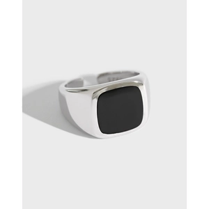 925 Sterling Silver Ring Square Black Enamel Adjustable Open Ring Geometric Signet Minimalist Jewelry For Women Men Gift