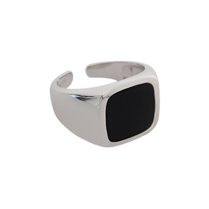 Minimalist S925 sterling silver open ring with square black agate inlay on white background