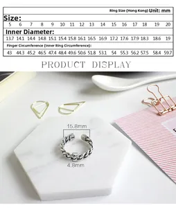 Size chart and detail view of an S925 sterling silver chain ring with 4.8mm width
