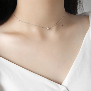 Minimalist S925 sterling silver choker necklace with a polished bead pendant for women