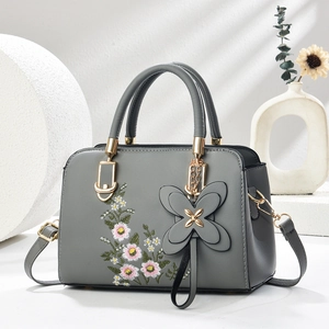 Women Elegant Floral Embroidered Handbag Vintage PU Leather Top Handle Bag Butterfly Charm Gold Hardware Crossbody Shoulder Bag