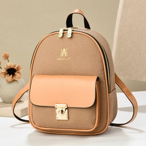 Chic two-tone mini backpack in khaki fabric and brown leather with gold metal lock