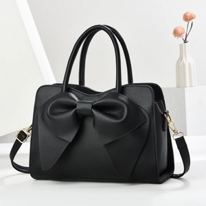 Damen Schleife PU-Leder Handtasche Litschi-Muster Schultertasche Gold-Beschläge Einfarbig Pendler Umhängetasche Satchel