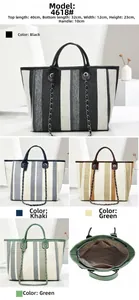 Détails de l'intérieur du sac cabas en toile rayée avec dimensions et finitions