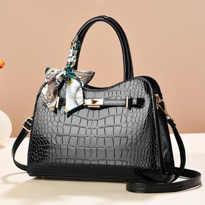 Fashion Crocodile Pattern PU Leather Handbag With Silk Scarf Decor Metal Lock Top Handle Crossbody Bag For Women Daily Office Tote